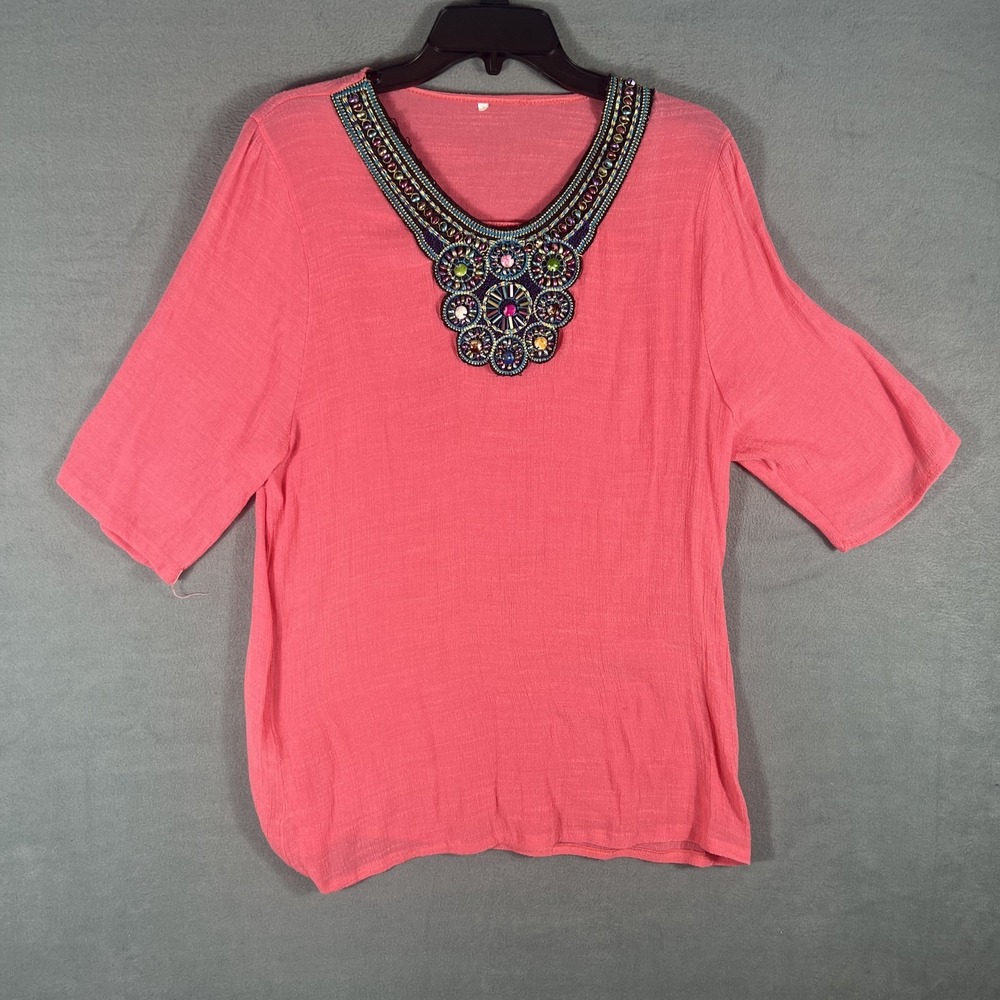 Women's Pink‎ Coral Beaded Embroidered Tunic Top Relaxed Fit 3/4 Sleeve Blouse